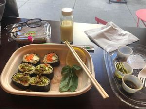 Chicago Raw Rolls, Raw Pumpkin Pie, and a side of Ginger Elixir.   at Chicago Raw - Huron St in Chicago