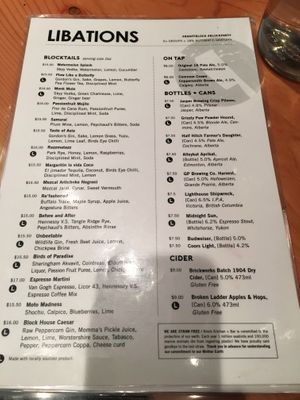 Cocktails and beer. Also have a wine menu. at Block Kitchen and Bar in Banff