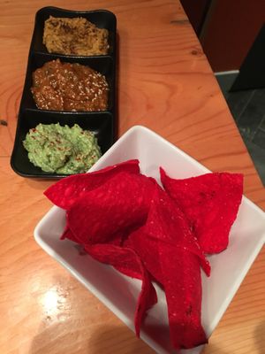3 dips with naan. (Vegan option comes with corn chips. at Block Kitchen and Bar in Banff