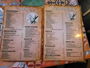 English translation on left, with current prices on right at Restoran Aj'Zdravo in Banja Luka