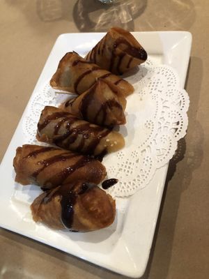 Banana dessert egg rolls  at Vegan Glory in Los Angeles