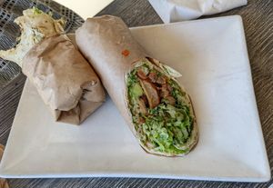 Chicken wrap with cowboy sauce (8/10) - started eating it before taking a picture! 😂 at Vegan Glory in Los Angeles