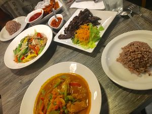 panang curry, beef jerky, sweet potato fries and fresh garlic beef at Vegan Glory in Los Angeles
