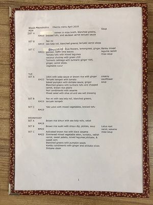 menu at Woods Macrobiotics in Petaling Jaya