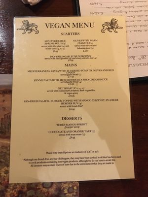 Vegan menu as of 2019-04 at The Golden Lion Pub in Winchester