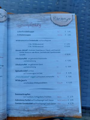 A page from the menu. Note: "Fleischknödel vegan" are homemade "meatballs" (potato dough filled with pea protein) with cabbage and potatoes at Mostheuriger Pihringer in Winklarn