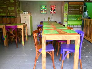 Colorful decor at Veggies na Praca in Sao Paulo