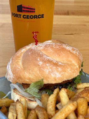 Chick’n burger with hold the pickle beer at Fort George Brewery in Astoria