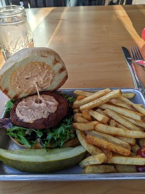 Close up of isotope Burger at Fort George Brewery in Astoria