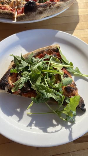 Forest pizza with vegan mozzarella & red sauce  at Fort George Brewery in Astoria