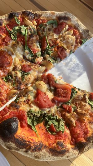 Popeye pizza with vegan cheese  at Fort George Brewery in Astoria