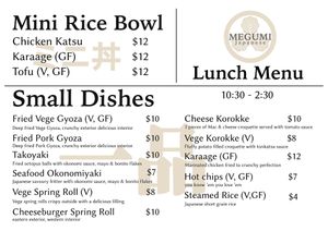 Lunch sides menu at Megumi Japanese in Inverell