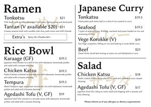 Mains menu at Megumi Japanese in Inverell