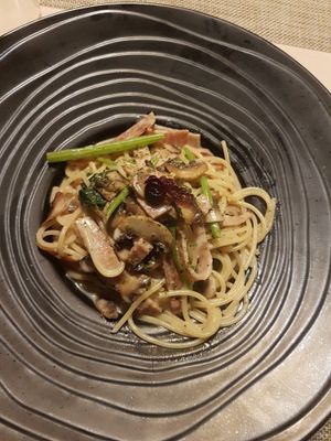 Pasta with Alfredo sauce. Topped with spinach and vegan bacon at Soul R. Vegan Cafe in Taipei