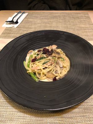 Alfredo pasta with vegan bacon at Soul R. Vegan Cafe in Taipei