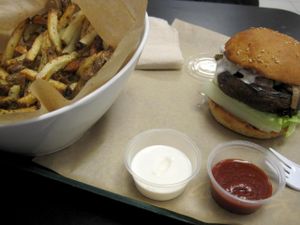 Musroom galaxy burger... very messy to eat, but oh so flavorful.

House-baked fried with lemon juice and spices.

Ketchup and vegan mayo (no extra charge) at Copper Branch - Atwater in Montreal