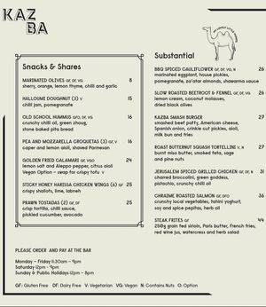 Lunch/Dinner Menu at Kazba Cocktail Bar in Fortitude Valley