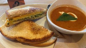 Pesto grilled cheese and tomato bisque   at Native Foods - Clairemont Mesa in San Diego