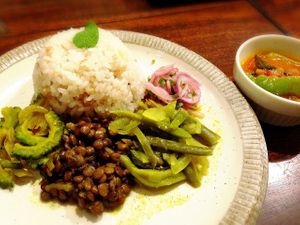 Vegetarian meat dish at Furomae Cafe in Tokyo