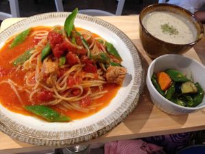 Tomato pasta at Furomae Cafe in Tokyo