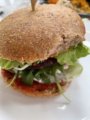 Vegan burger with beetroot  at Govinda in Kosice