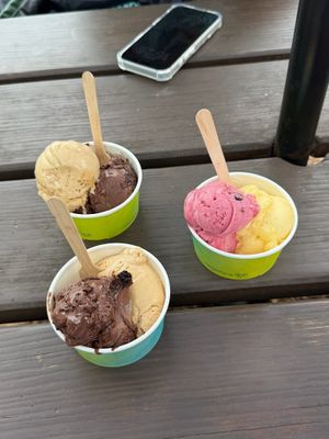 Two Tubs of Chocolate and Slated Caramel Ice Cream (left) and One Tub of Mango and Blackcurrant Sorbet at The Ice Cream Parlour in Dawlish