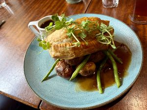 Wild mushroom, sweet potato, chestnut, spinach & kale Wellington with gravy.   at The Devonshire in Grassington