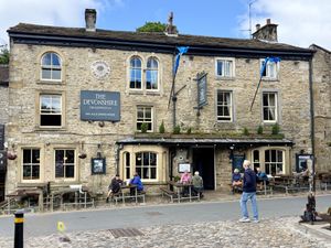 The famous exterior. Unfortunately, Tristan is not inside    at The Devonshire in Grassington