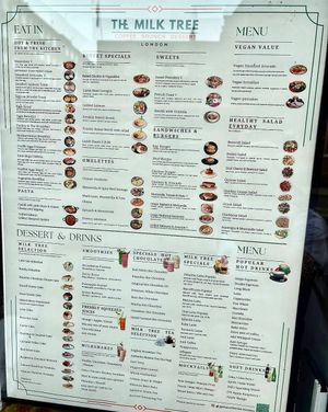 Menu available as at July 2026 at The Milk Tree in East London