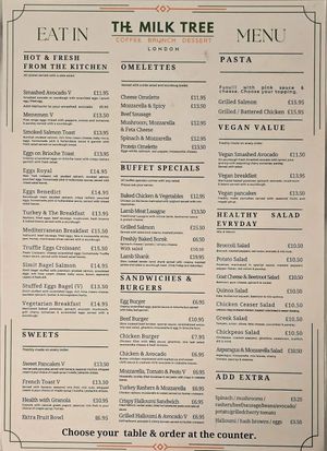 Menu available as at July 2026 at The Milk Tree in East London