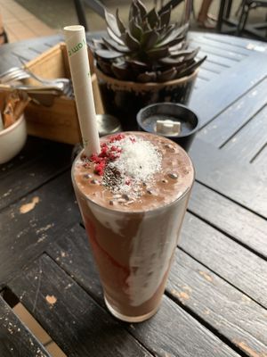 PB choc smoothie Y U M at Two Birds Eatery in Hamilton