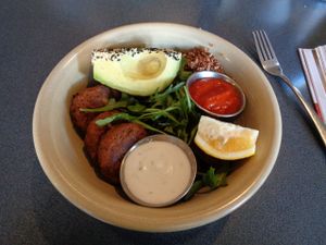 "vegan protein bowl", aka falafels and goodies at Two Birds Eatery in Hamilton