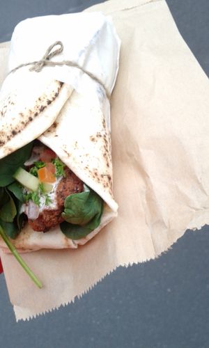 (partial) vegan falafel wrap, Two Birds at Two Birds Eatery in Hamilton