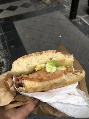 Focaccia with “ham” and “cheese"  at Vegan Art in Naples