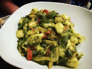Gnocchi with pepperoni and basil sauce. at Vegan Art in Naples