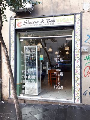 Entrance aside of the fruit bar at Vegan Art in Naples
