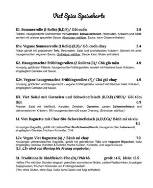 Menu at Viet Spice (Việt Spice) in Innsbruck