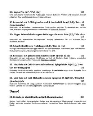 Menu at Viet Spice (Việt Spice) in Innsbruck