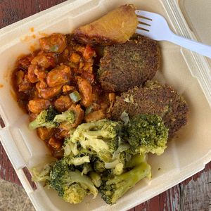 Lentil patties, steamed Broccoli, and BBQ chunks. Broccoli was a little overcooked, but everything else was amazing! at Love Livin in St Thomas
