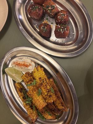 Charred corn and tofu nuggets   at Kind Kitchen in Barcelona