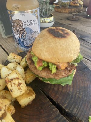 Veganator Burger w/Potatoes & Fresca-Kiwi Kombucha  at Verde Vegan in Acapulco