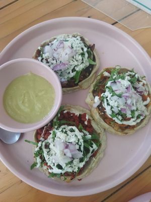 Sopes (champiñones, tinga de zanahoria, chorizo de soya) at Verde Vegan in Acapulco