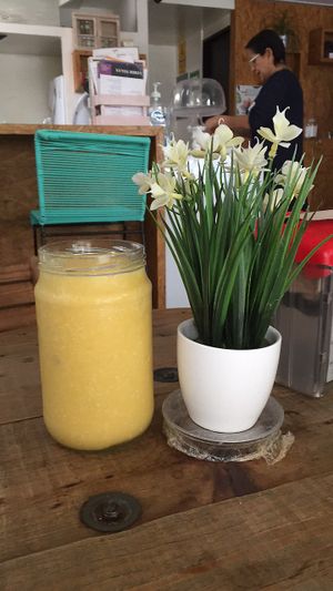Mangazo (Jugo de mango, coco y jengibre) at Verde Vegan in Acapulco