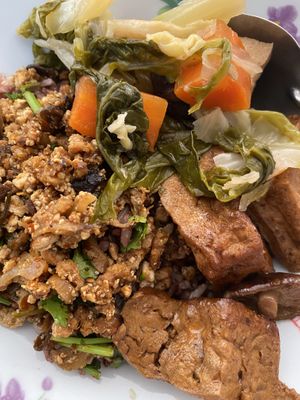 three with rice  at Oasis Vegetaurant in Chiang Rai