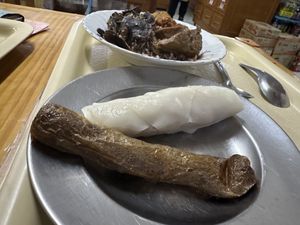 Soy sausage! And full plate from the buffet!  at Oasis Vegetaurant in Chiang Rai