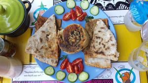 Aubergine Börek and spinach bread. Hot and tasty at Mahatma Cafe in Istanbul