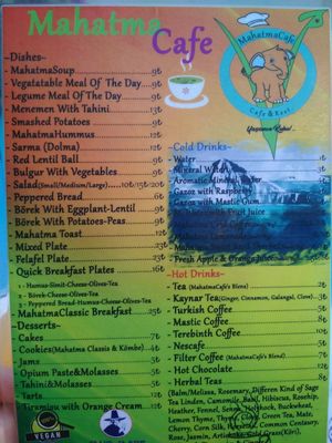 menu at Mahatma Cafe in Istanbul