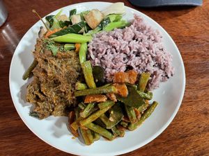 Three choices from the buffet with rice, 60 baht  at Tamachat in Chiang Rai