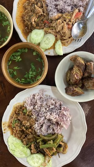 2x portions + vegan sausage and soups 115b  at Tamachat in Chiang Rai