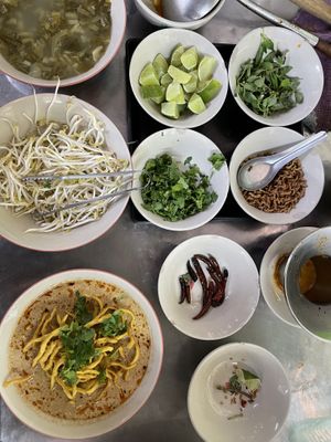 Khao Soi and all the free toppings  at Tamachat in Chiang Rai